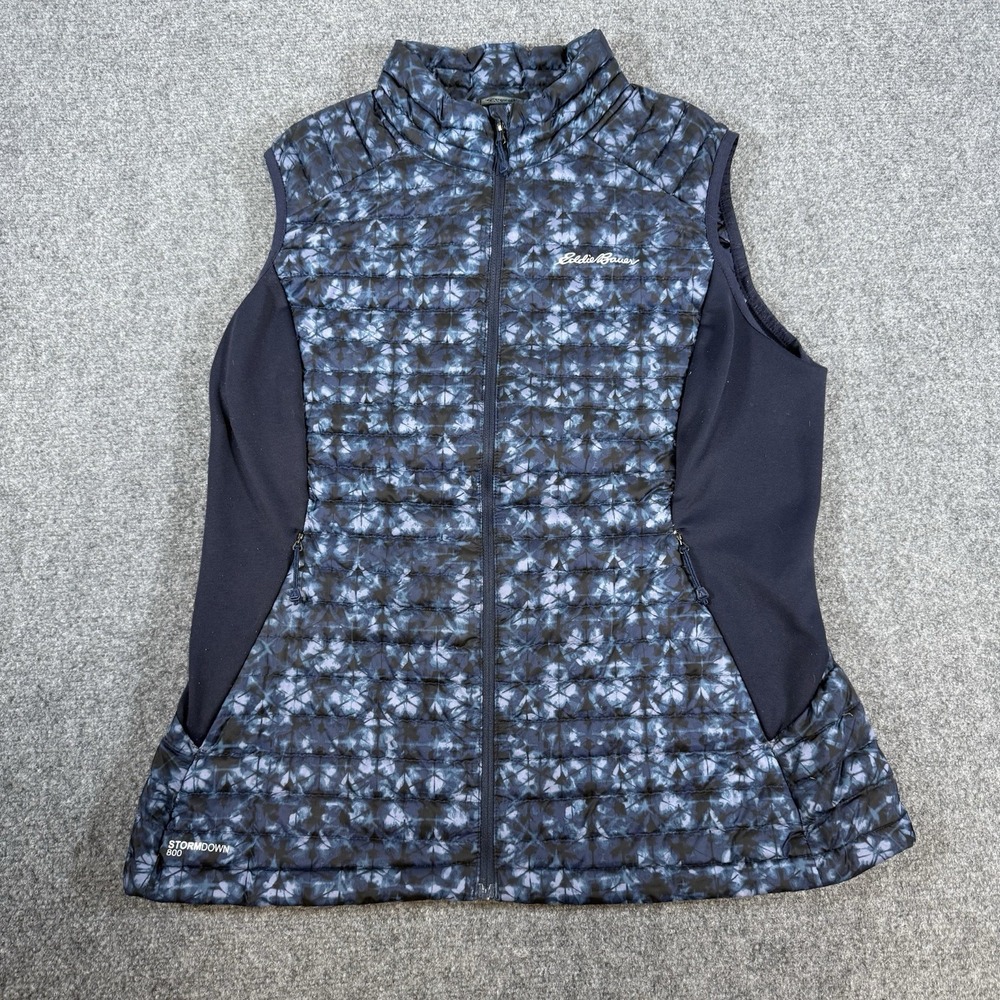 Eddie Bauer Vest Women Large Blue First Ascent Stormdown 800 Puffer Camo Zip